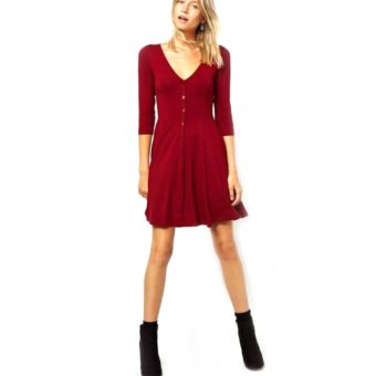 Simple -Neck 34 Sleeve Single Breast Cotton Blend A-Line Mini Dress for Women Rot