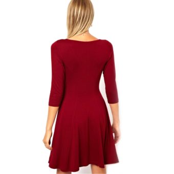 Simple -Neck 34 Sleeve Single Breast Cotton Blend A-Line Mini Dress for Women Rot
