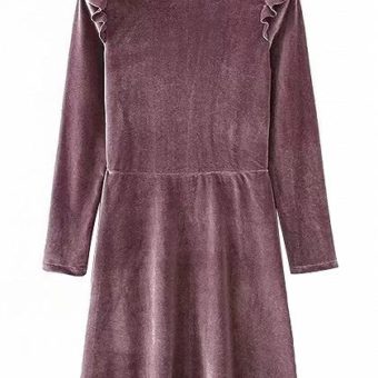 Purple Velvet Ruffle Detail Long Sleeve Mini kleid