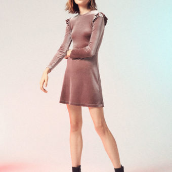 Purple Velvet Ruffle Detail Long Sleeve Mini kleid