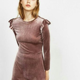 Purple Velvet Ruffle Detail Long Sleeve Mini kleid