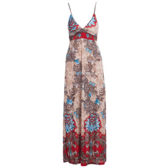 Fashionable Plunging Neck Spaghetti Strap Print Padded Bohemian Dress