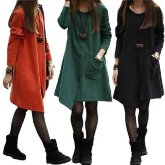Irregular Big Pocket Long Sleeves Casual Style Scoop Neck Cotton Women's Maternity Dress