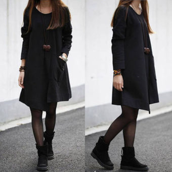 Irregular Big Pocket Long Sleeves Casual Style Scoop Neck Cotton Women's Maternity Dress