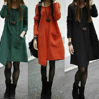 Irregular Big Pocket Long Sleeves Casual Style Scoop Neck Cotton Women's Maternity Dress